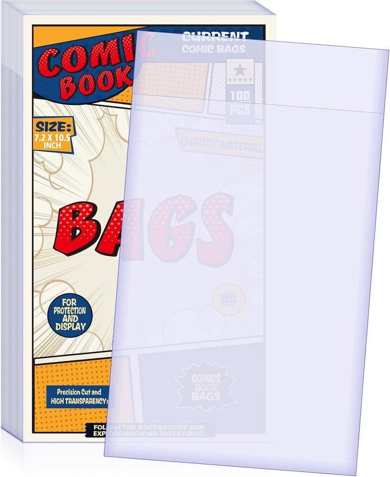 Leffis 100 Count Comic Book Bags, Current Size Comic Bags 7.2 X 10.5 inch Transparent Acid-Free and Reusable Comic Book Sleeves for Regular Comics - Image 1